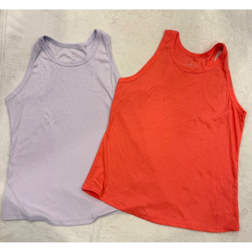 Danskin Ribbed Racerback Tank Top 2 Pack Coral Orange Lavender Purple Large 9671